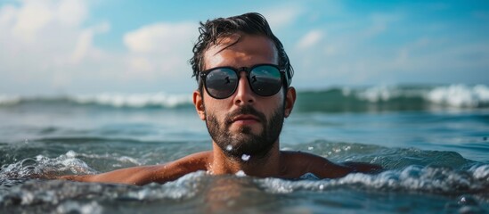 Wall Mural - Man wearing sunglasses posing in the water at the beach.