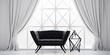 Black metal diamond chair in white living room with gallery, couch, and curtained windows.
