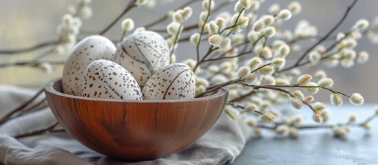 Sticker - White Easter eggs crafted by hand, placed alongside willow catkins in a wooden bowl on a table.