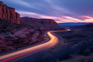 Long exposures of cars streaking down the highway through canyon country during twilight