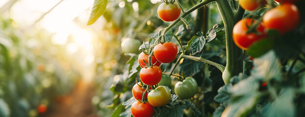 Wall Mural - Close up of organic tomatoes growing in plant in orchard harvest area