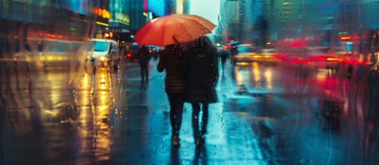 Poster - Creative camera captures a zoomed and blurred image of a couple walking with an umbrella in rainy New York City.