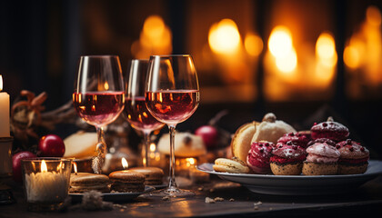 Wall Mural - Celebration table candlelight, gourmet food, wineglass, dessert, rustic decoration generated by AI