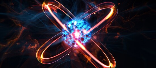 Graphic illustration of black background shows isolated atom splitting into smaller isotopes, releasing free neutron and gamma rays through nuclear chain reaction of radioactive Uranium fission and