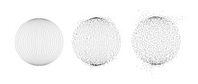 Set Of Dotted Spheres With Dissolve Effect. Stipple Disintegrating Circle Collection. Halftone Textured Balls With Noise Dot Work Grain. Radial Grunge Particles. Dot Sphere Bubble Bundle. Vector Pack