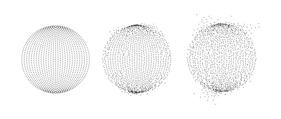 Set of dotted spheres with dissolve effect. Stipple disintegrating circle collection. Halftone textured balls with noise dot work grain. Radial grunge particles. Dot sphere bubble bundle. Vector pack