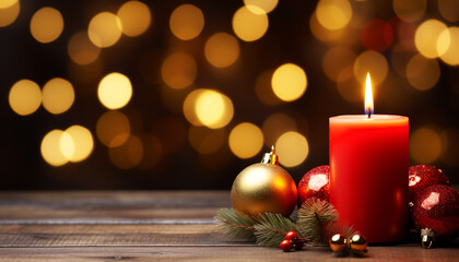 Poster - Glowing candle illuminates dark winter night, celebrating Christmas season generated by AI