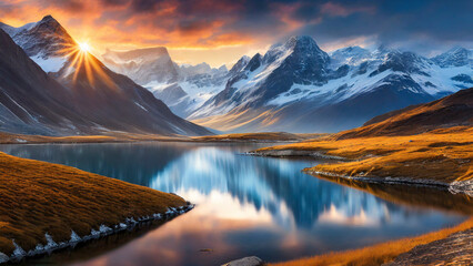 Wall Mural - Mountain landscape at sunset. Panoramic view of the mountains with snow and lake