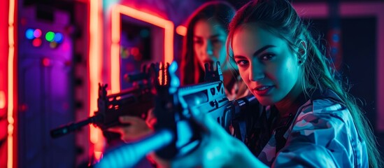 Wall Mural - Two women enjoying team building activity in a laser tag room.