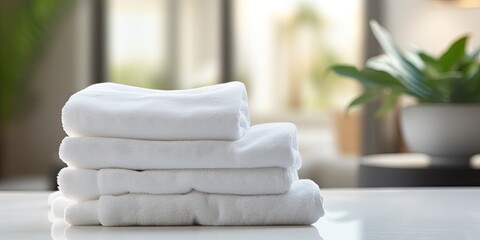 Canvas Print - Stacked white towels on table with blurred living room background for product display montage.