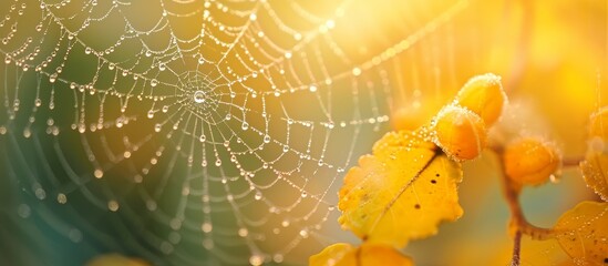 Sticker - Macro soft focus effect captures close-up drops of morning dew in an autumn web on a cool, foggy morning.