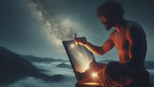 Man Painting The Nebula On The Canvas At The Night With Stary Sky In HD 1080p Footage 