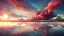 Sunset Cloud Overlay. Sunset Over The Lake. Beautiful Sky In Sunset Moment On The Beach. Seamless Looping Overlay 4k Virtual Video Animation Background 