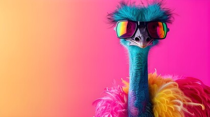 Wall Mural - Creative animal concept. emu bird,vibrant bright fashionable outfits isolated on solid background advertisement with copy space. birthday party invite invitation banner