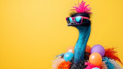 Wall Mural - Creative animal concept. emu bird,vibrant bright fashionable outfits isolated on solid background advertisement with copy space. birthday party invite invitation banner