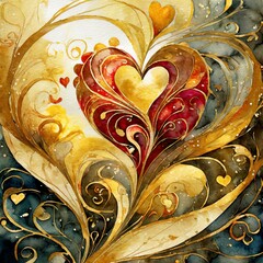 golden heart background.a beautiful watercolor digital illustration featuring swirling hearts in rich gold hues, creating a fluid and expressive pattern background. Pay attention to the details of the