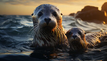 Cute Seal Pup Looking At Camera, Sunset Backdrop Generated By AI