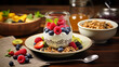 Healthy breakfast with granola yogurt coffee fruits and berries