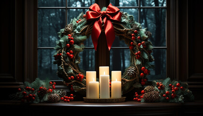 Poster - Winter celebration, candlelight illuminates the rustic Christmas decor generated by AI