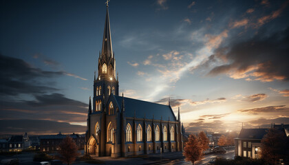 Wall Mural - Gothic chapel illuminated by majestic sunset sky generated by AI