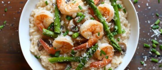 Wall Mural - Healthy Italian risotto with shrimp, mushrooms, asparagus, and Parmesan