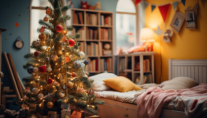 Sticker - Comfortable home interior with illuminated Christmas tree decoration generated by AI