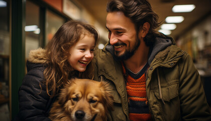 Poster - A cheerful family embracing outdoors, enjoying nature with their dog generated by AI