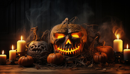 Sticker - Spooky Halloween night pumpkin lantern, glowing candle, and spooky decorations generated by AI