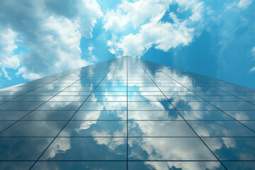 3d render abstract modern minimal background mirror pyramid skyscraper under the blue sky with white clouds.