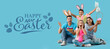 © Pixel-Shot - Easter banner with portrait of happy family on light blue background