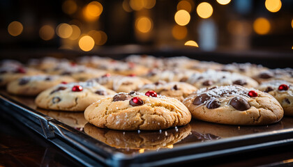 Poster - Homemade chocolate chip cookies on rustic wooden table generated by AI