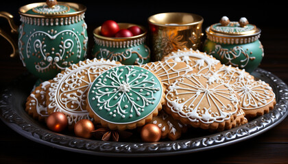 Canvas Print - Homemade cookie on ornate wood plate, rustic decoration generated by AI