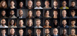 Headshots of a smiling men and women of all ages on a colorful background looking at the camera. AI Generative