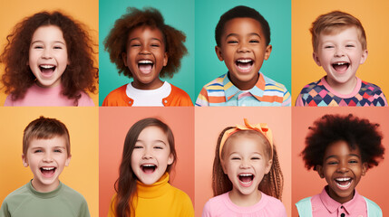  Portraits Of Smiling Multiethnic People Posing Over Colorful Backgrounds, Cheerful Boy and girl Of Different Ethnicity Looking At Camera. AI Generative