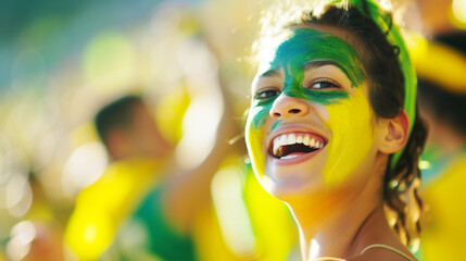 Wall Mural - Brazilian young woman football fans celebrating their team's victory at stadium. AI Generative.