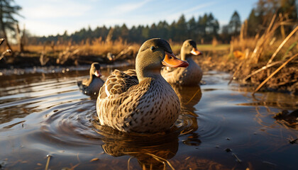 Canvas Print - Beautiful duckling reflects in tranquil pond water generated by AI