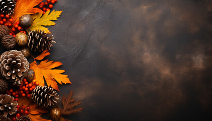 Poster - Autumn leaf decoration, pine cone, winter celebration, wood backdrop generated by AI