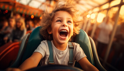 Poster - A cute, cheerful boy enjoying a car journey, laughing joyfully generated by AI