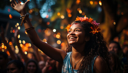 Wall Mural - Young women enjoying a fun, carefree party outdoors at night generated by AI