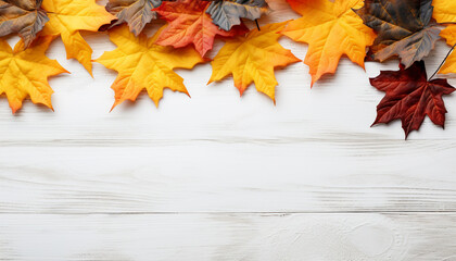 Poster - Autumn wood table, vibrant colors, nature beauty, high angle view generated by AI