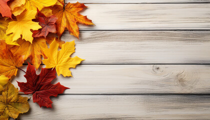 Poster - Autumn leaves on old wood table, vibrant colors of nature generated by AI