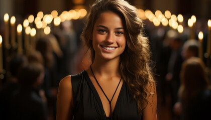 Wall Mural - Smiling young woman enjoying nightlife, confident and carefree generated by AI