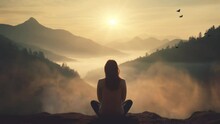 silhouette woman sitting on mountain in morning. person in the mountains. seamless looping overlay 4k virtual video animation background 