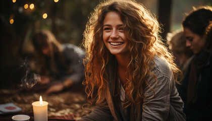 Canvas Print - Smiling young adults enjoying friendship and togetherness generated by AI