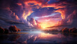 Sunset over water, nature beauty reflected in tranquil twilight generated by AI