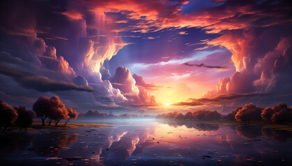 Wall Mural - Sunset over water, nature beauty reflected in tranquil twilight generated by AI