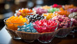 A colorful bowl of sweet treats candy, fruit, and gelatin generated by AI