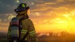Firefighter Contemplating at Sunset. Generative AI.