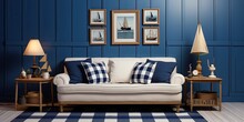 Nautical-themed Room With Cozy Couch, Table, Chessboard Floor, And Framed Photo.