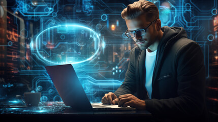 software engineer or cyber security expert sitting at desk working on his laptop in futuristic technology room, cyber security technology concept illustration
